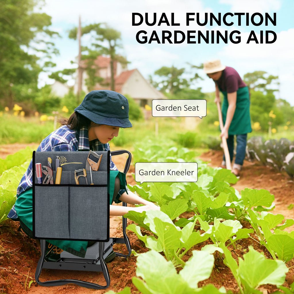2 - in - 1 Foldable Garden Kneeler and Seat with Tool Bag - Grey - Green Happiness